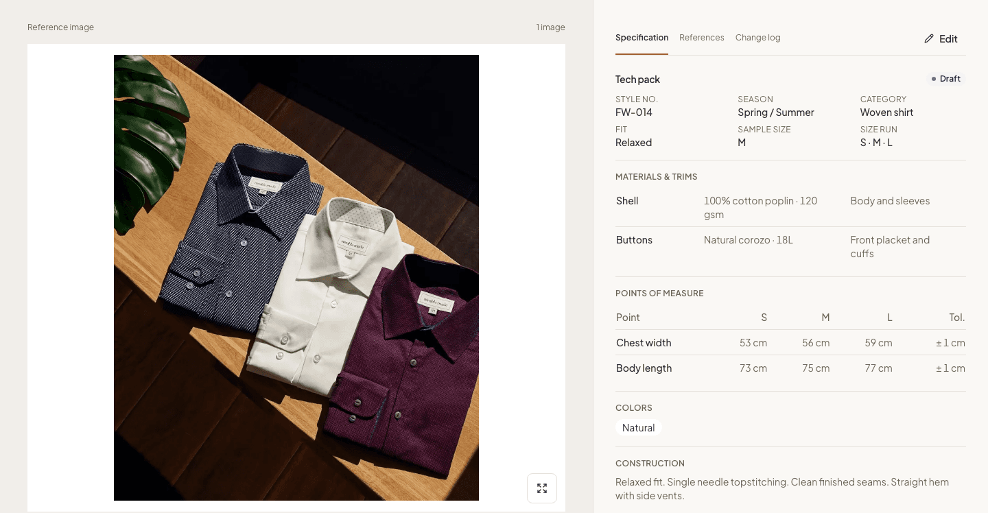 StitchGrid style workspace with garment reference, materials, measurements, and editable specification